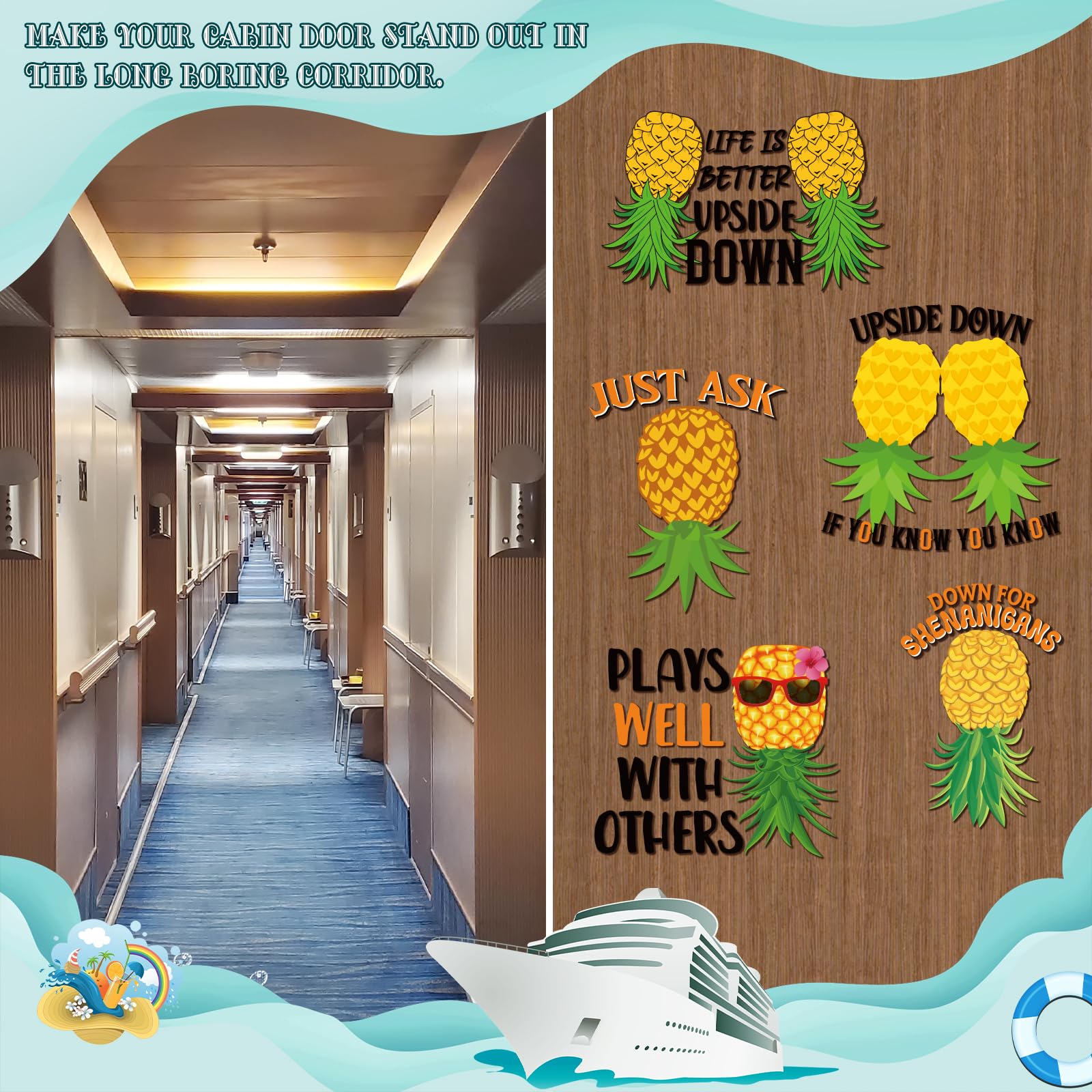 Upside down pineapple displayed on a cruise ship cabin door