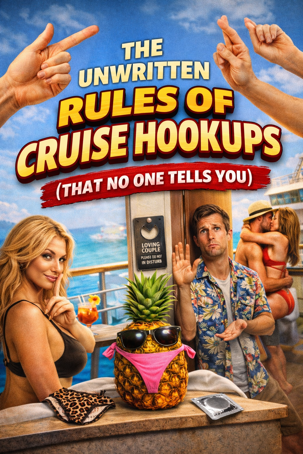 Funny illustration showing the unwritten rules of cruise hookups with an upside-down pineapple and a discreet cruise cabin door magnet